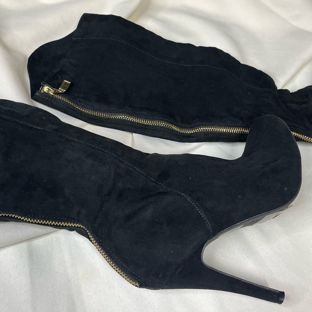 Thigh High Black Suede with Gold Zipper decal Stiletto Heel